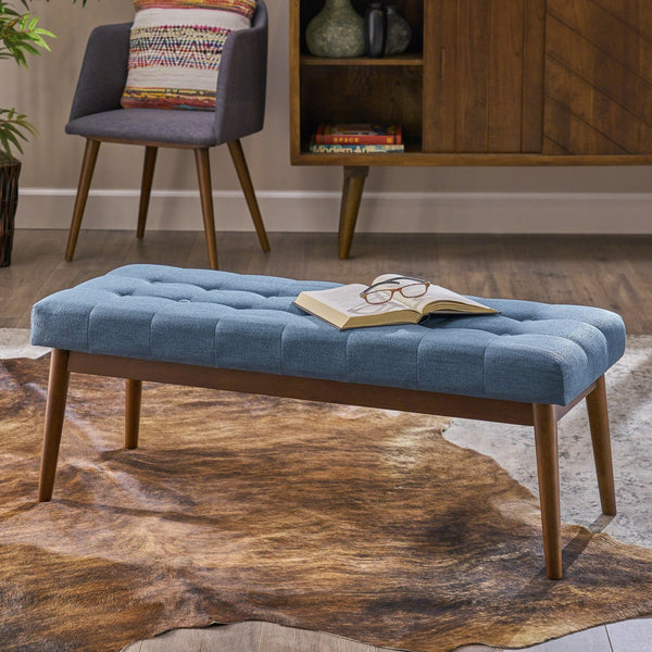 English Elm Christopher Knight Home® - Mid-Century Upholstered Storage Bench with Button-Tufted Top, Walnut Legs, Handcrafted Accent Seat Blue 61147.00BLU