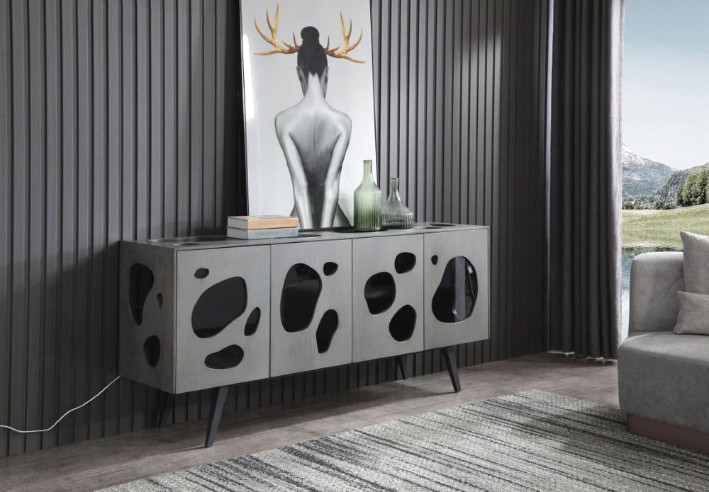 VIG Furniture Fontana Matte Grey Walnut Buffet With Amoeba Door Design, Led Smoked Glass Shelves & Metal Base — Modern Statement Piece VGVCG2029-GRY-A-BUF