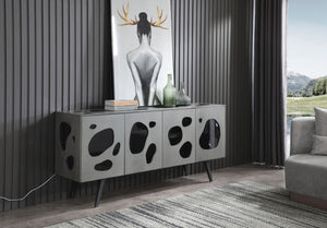 VIG Furniture Fontana Matte Grey Walnut Buffet With Amoeba Door Design, Led Smoked Glass Shelves & Metal Base — Modern Statement Piece VGVCG2029-GRY-A-BUF