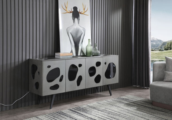 VIG Furniture Fontana Matte Grey Walnut Buffet With Amoeba Door Design, Led Smoked Glass Shelves & Metal Base — Modern Statement Piece VGVCG2029-GRY-A-BUF