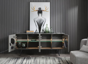 VIG Furniture Fontana Matte Grey Walnut Buffet With Amoeba Door Design, Led Smoked Glass Shelves & Metal Base — Modern Statement Piece VGVCG2029-GRY-A-BUF
