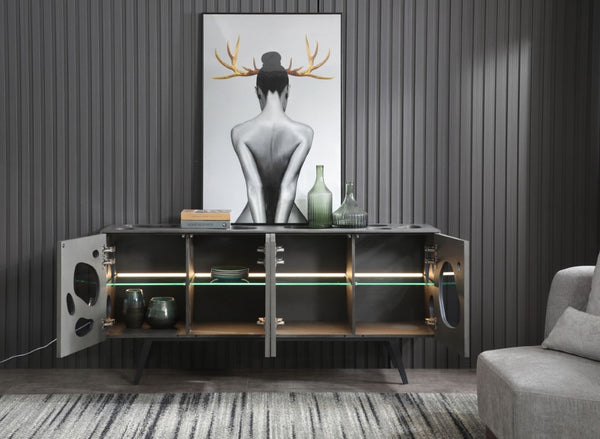 VIG Furniture Fontana Matte Grey Walnut Buffet With Amoeba Door Design, Led Smoked Glass Shelves & Metal Base — Modern Statement Piece VGVCG2029-GRY-A-BUF