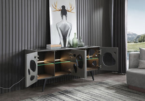 VIG Furniture Fontana Matte Grey Walnut Buffet With Amoeba Door Design, Led Smoked Glass Shelves & Metal Base — Modern Statement Piece VGVCG2029-GRY-A-BUF