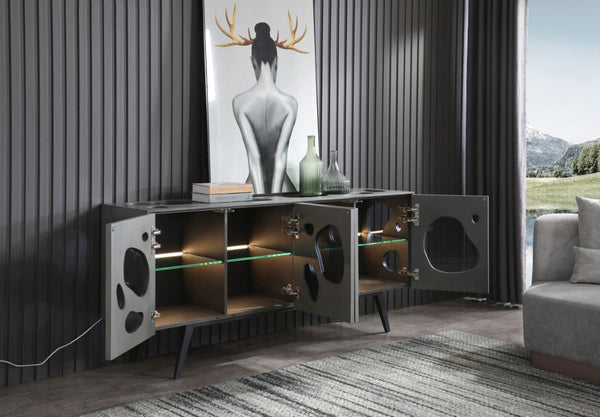 VIG Furniture Fontana Matte Grey Walnut Buffet With Amoeba Door Design, Led Smoked Glass Shelves & Metal Base — Modern Statement Piece VGVCG2029-GRY-A-BUF