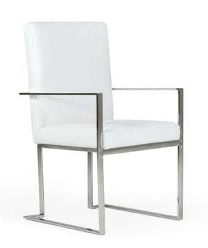 VIG Furniture Fowler White Eco-Leather Dining Armchair With Brushed Stainless Frame, Cushioned Seat, Modern Glam (97) VGVCB8866A-WHT