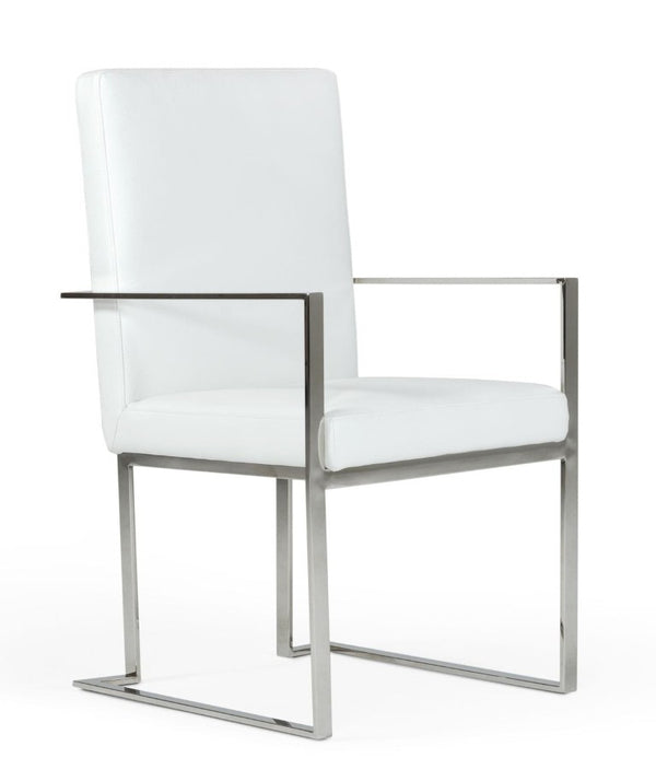 VIG Furniture Fowler White Eco-Leather Dining Armchair With Brushed Stainless Frame, Cushioned Seat, Modern Glam (97) VGVCB8866A-WHT