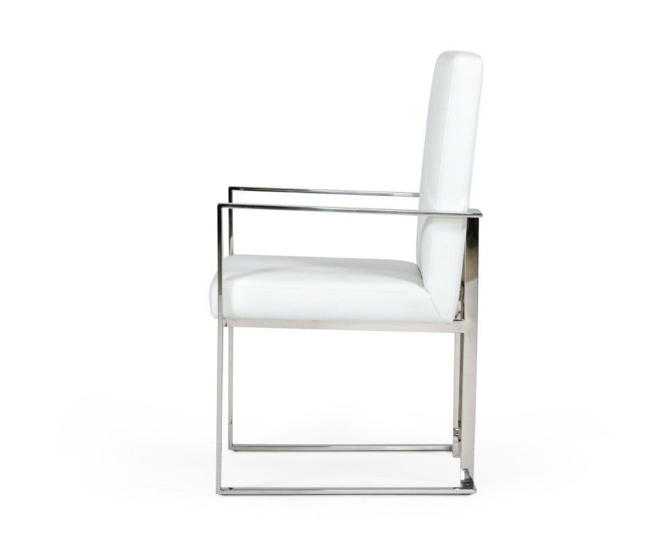 VIG Furniture Fowler White Eco-Leather Dining Armchair With Brushed Stainless Frame, Cushioned Seat, Modern Glam (97) VGVCB8866A-WHT