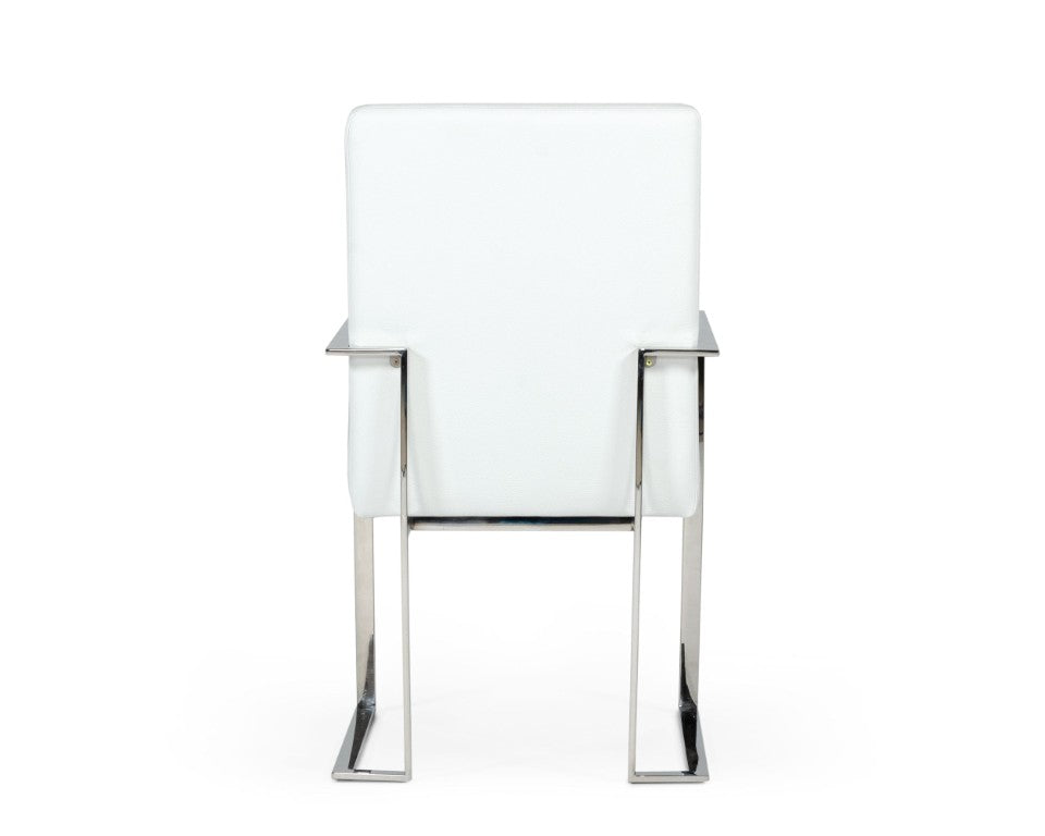 VIG Furniture Fowler White Eco-Leather Dining Armchair With Brushed Stainless Frame, Cushioned Seat, Modern Glam (97) VGVCB8866A-WHT