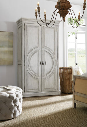 Hooker Furniture Boheme Bilzen Wardrobe—Whitewash Armoire With Merion Blue Interior, Mirror, Drawers & Adjustable Shelves 5750-90013-LTWD