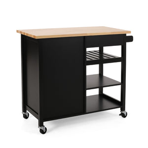English Elm Christopher Knight Home® - Kitchen Island Cart with Solid Rubberwood Top, 41.75" Mobile Island with Drawer, Cabinet, Shelves & Wheels Black 67756.00NATBLK