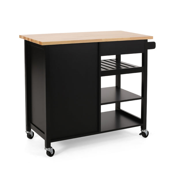 English Elm Christopher Knight Home® - Kitchen Island Cart with Solid Rubberwood Top, 41.75" Mobile Island with Drawer, Cabinet, Shelves & Wheels Black 67756.00NATBLK