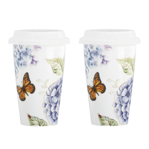 Lenox Butterfly Meadow Blue Thermal Travel Mugs, Set of 2 Blue, WHITE PORCELAIN 896462