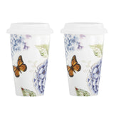 Butterfly Meadow Blue Porcelain Travel Mugs, 10oz - Dishwasher Safe, Set of 2