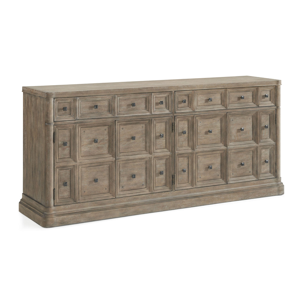 A.R.T. Furniture Reforma Credenza - Rustic Parawood & Oak Storage With Adjustable Shelves, Gunmetal Knobs, And Style Brown Parawood Solids,Random Match Flaky Oak Veneers,Metal 324252-2358