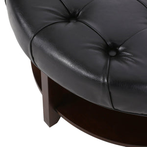 English Elm Round Tufted Pu Leather Ottoman with Open Shelf Storage for Living Room Black 71589.00
