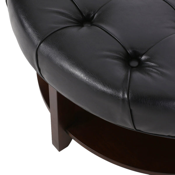 English Elm Round Tufted Pu Leather Ottoman with Open Shelf Storage for Living Room Black 71589.00