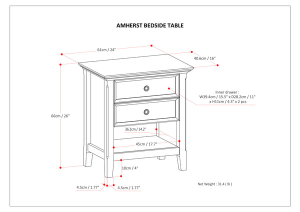 English Elm Amherst Hickory Brown Bedside Table with 2 Drawers, Solid Wood Handcrafted Finish, Transitional Style B136P159438