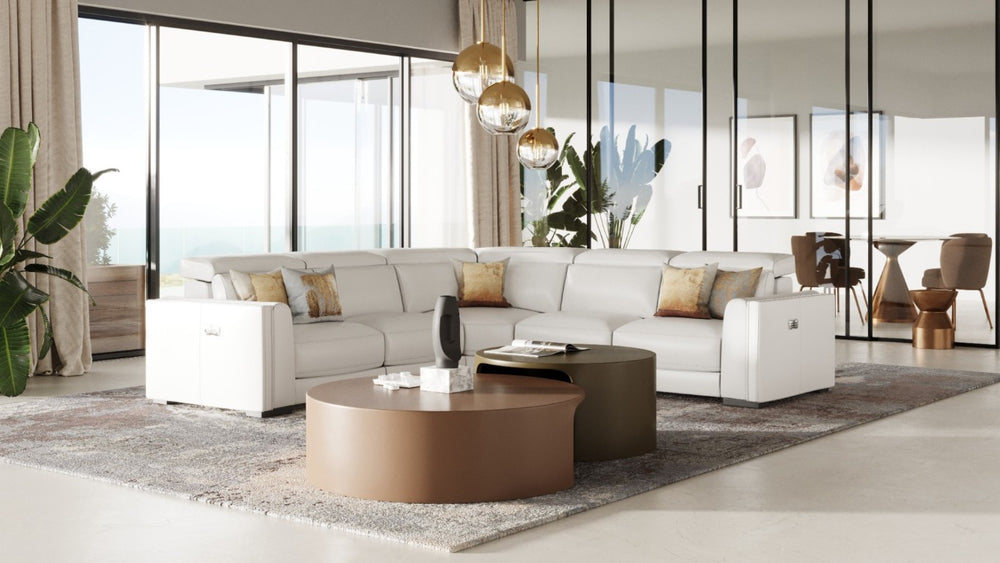 VIG Furniture Frazier Modern Leather 5-Piece Power Reclining Sectional With Console, Cupholders, Top-Grain Comfort White Sectional Sofa VGKM-KM268H-W-SECT