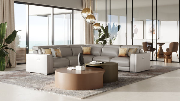 VIG Furniture Frazier Modern Leather 5-Piece Power Reclining Sectional With Console, Cupholders, Top-Grain Comfort Grey Sectional Sofa VGKM-KM268H-LG-GRY-SECT