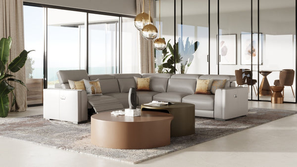 VIG Furniture Frazier Modern Leather 5-Piece Power Reclining Sectional With Console, Cupholders, Top-Grain Comfort Grey Sectional Sofa VGKM-KM268H-LG-GRY-SECT
