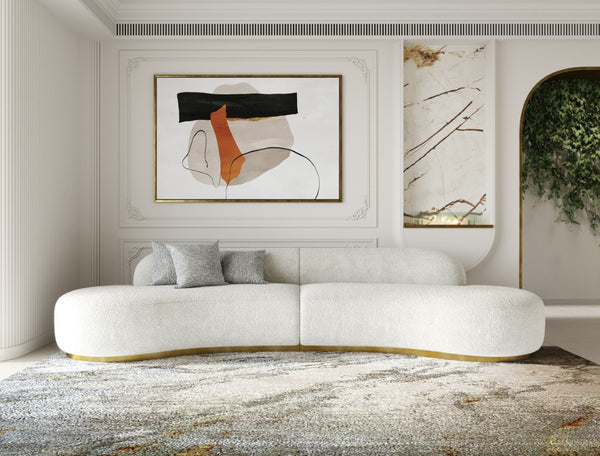 VIG Furniture Frontier Curved Sectional Sofa In Glam White Fabric With Brushed Gold Base And Taupe Pillows — Seats 6 VGOD-ZW-943-WHT-SECT