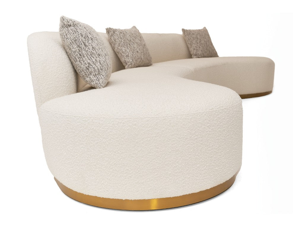 VIG Furniture Frontier Curved Sectional Sofa In Glam White Fabric With Brushed Gold Base And Taupe Pillows — Seats 6 VGOD-ZW-943-WHT-SECT