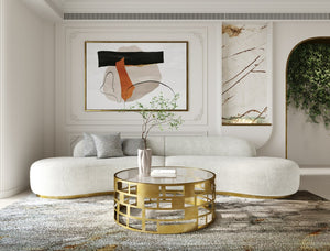 VIG Furniture Frontier Curved Sectional Sofa In Glam White Fabric With Brushed Gold Base And Taupe Pillows — Seats 6 VGOD-ZW-943-WHT-SECT
