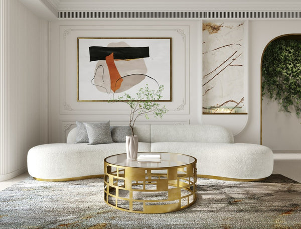 VIG Furniture Frontier Curved Sectional Sofa In Glam White Fabric With Brushed Gold Base And Taupe Pillows — Seats 6 VGOD-ZW-943-WHT-SECT