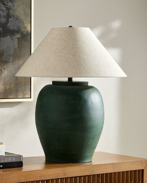 Surya Forest Collection Artisan Table Lamp with Linen Shade and Hand-painted Metal Base FRT-013