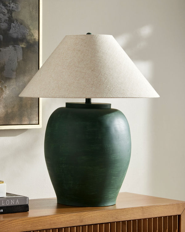 Surya Forest Collection Artisan Table Lamp with Linen Shade and Hand-painted Metal Base FRT-013