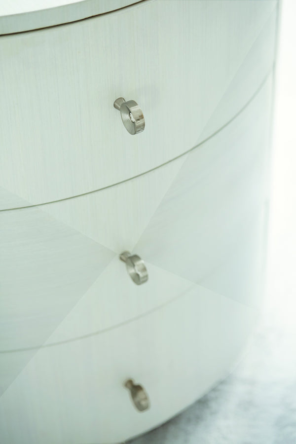 Bernhardt Bernhardt Axiom Round Chairside Table With 3-Drawer 3D Pyramid Faces Linear White Finish, Glamorous Storage 381127