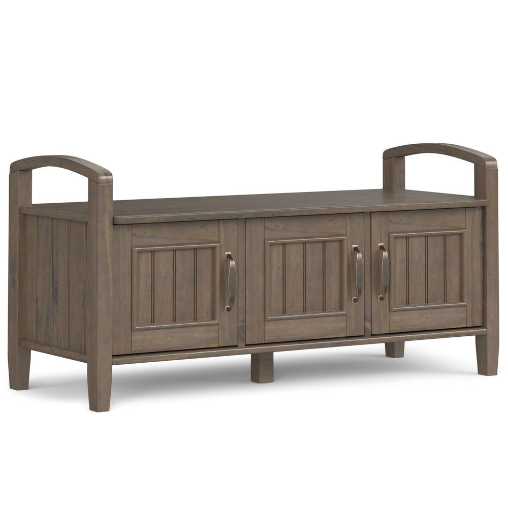 English Elm Lev Smoky Brown Entryway Storage Bench with 3 Doors, Spacious Seat for 2, Solid Wood, Grooved Detail B136P158817