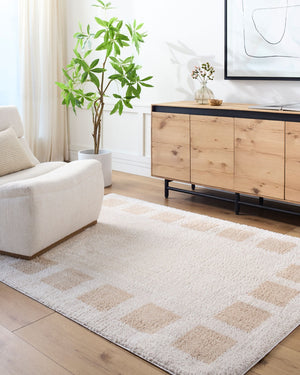 Livabliss Fossay Plush Polyester Shag Rug Art Deco Geometric Pattern Turkish Woven Accent Light Beige, Be 2'7" x 7'3" FSG2314-2773