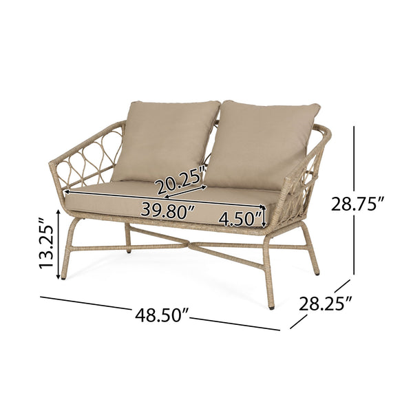 English Elm Christopher Knight Home® - BRUCE Boho Loveseat in Brown PE Rattan with Water-Resistant Cushions, Iron Frame, 600 lb Capacity 70416.00LBRN