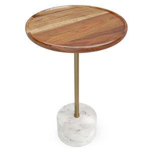 English Elm Becker Round Side Table with Acacia Wood Top, Antique Brass Stem & White Marble Base, 15" x 23" B136P159926