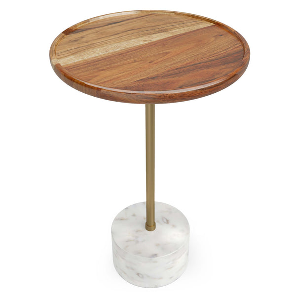 English Elm Becker Round Side Table with Acacia Wood Top, Antique Brass Stem & White Marble Base, 15" x 23" B136P159926