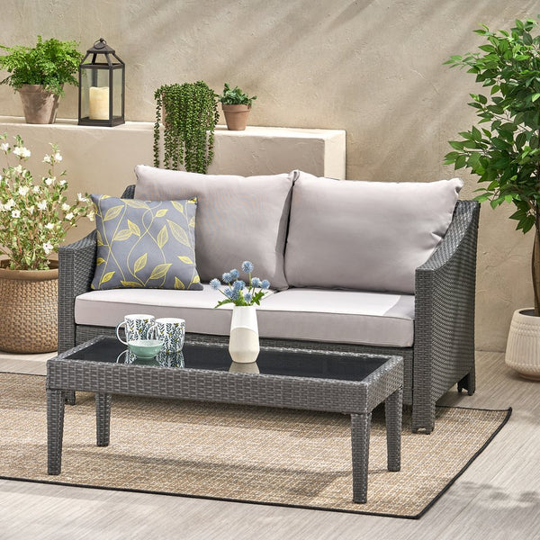 English Elm Christopher Knight Home® - ANTIBES RATTAN LOVESEAT SET WITH SIDE TABLE – Weatherproof PE Wicker, Iron Frame, Compact Patio Seating Grey 57088.00SETGRY