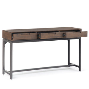 English Elm Banting Mid Century Wide Console Table Walnut Brown – Solid Rubberwood, 3 Drawers, Industrial Metal Base B136P158452