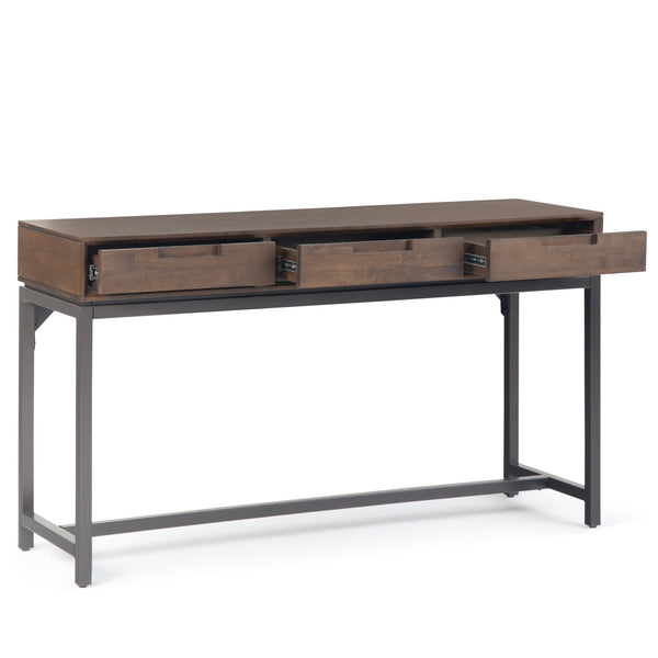 English Elm Banting Mid Century Wide Console Table Walnut Brown – Solid Rubberwood, 3 Drawers, Industrial Metal Base B136P158452