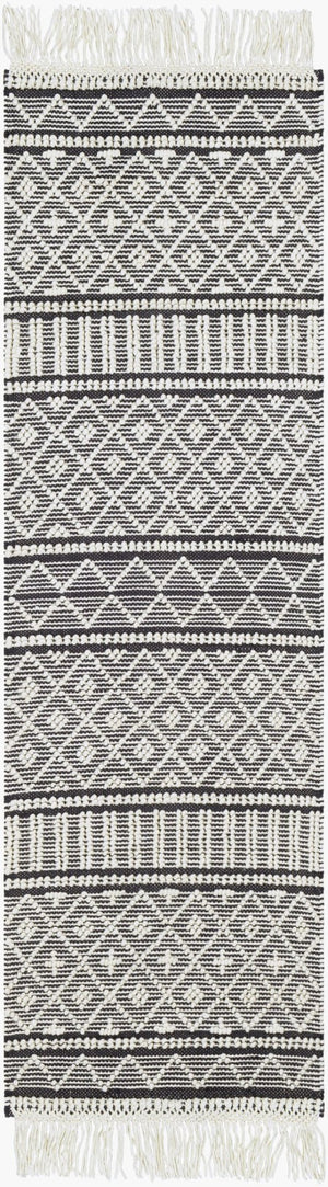 Livabliss Farmhouse Wool Cotton Flatweave Accent Rug with Tassel Fringe Bohemian Entryway Decor Black, White 2'6" x 8' FTS2300-268
