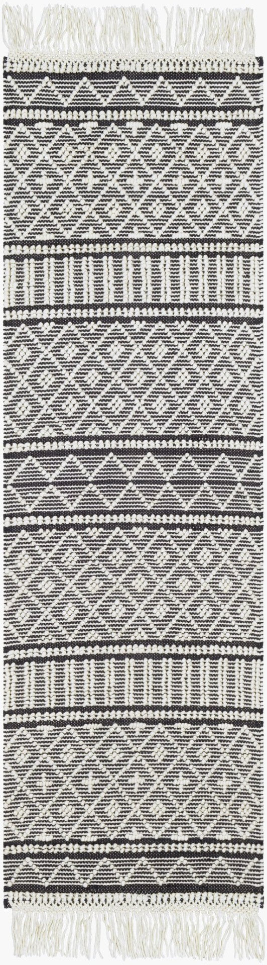 Livabliss Farmhouse Wool Cotton Flatweave Accent Rug with Tassel Fringe Bohemian Entryway Decor Black, White 2'6" x 8' FTS2300-268