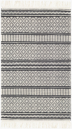 Livabliss Farmhouse Wool Cotton Flatweave Accent Rug with Tassel Fringe Bohemian Entryway Decor Black, White 2' x 3' FTS2300-23
