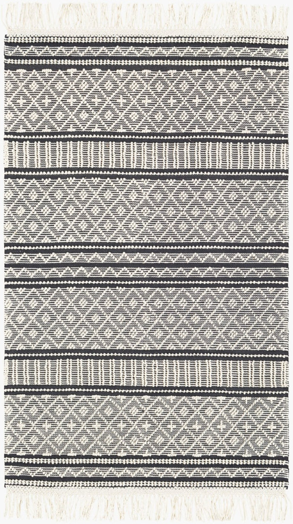 Livabliss Farmhouse Wool Cotton Flatweave Accent Rug with Tassel Fringe Bohemian Entryway Decor Black, White 2' x 3' FTS2300-23