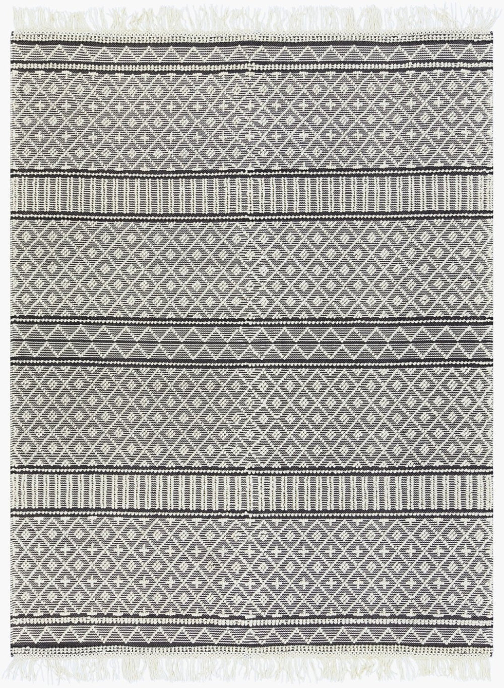 Livabliss Farmhouse Wool Cotton Flatweave Accent Rug with Tassel Fringe Bohemian Entryway Decor Black, White 8' x 10' FTS2300-810