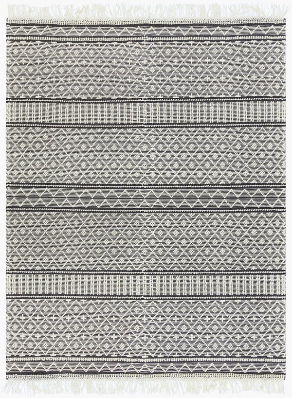 Livabliss Farmhouse Wool Cotton Flatweave Accent Rug with Tassel Fringe Bohemian Entryway Decor Black, White 8' x 10' FTS2300-810