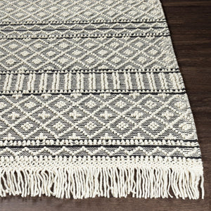 Livabliss Farmhouse Wool Cotton Flatweave Accent Rug with Tassel Fringe Bohemian Entryway Decor Black, White 2' x 3' FTS2300-23