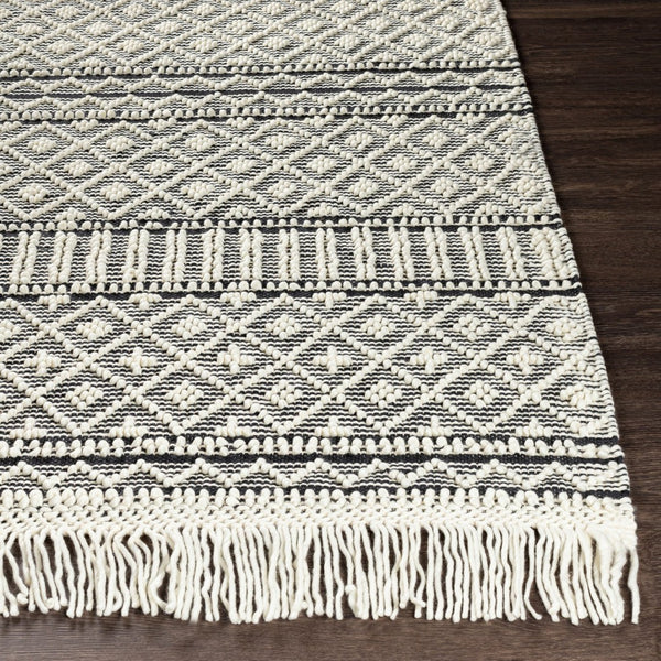 Livabliss Farmhouse Wool Cotton Flatweave Accent Rug with Tassel Fringe Bohemian Entryway Decor Black, White 2' x 3' FTS2300-23