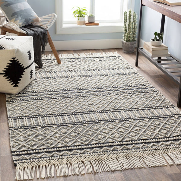 Livabliss Farmhouse Wool Cotton Flatweave Accent Rug with Tassel Fringe Bohemian Entryway Decor Black, White 2' x 3' FTS2300-23