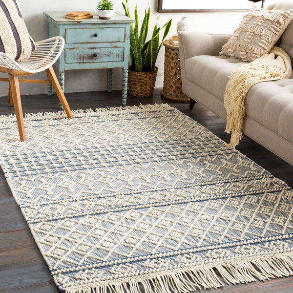 Surya Farmhouse Tassels 2' X 3' Handwoven Rug - Unique Cottage Style With Textured Fringe & Easy Care Blue Wool,Cotton Fts2304-23
