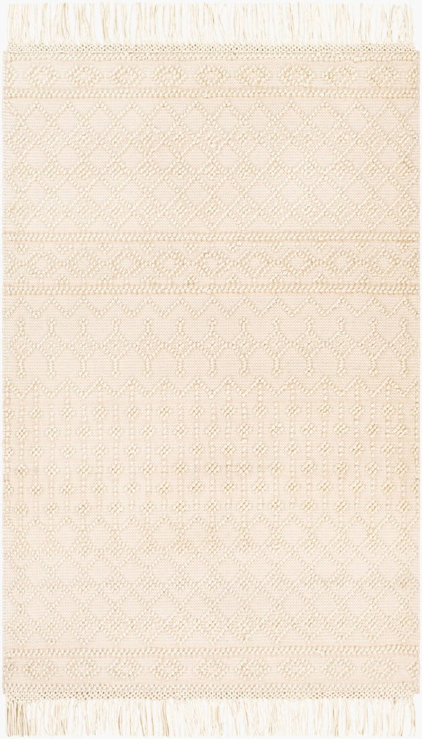 Livabliss Farmhouse Tassels Hand Woven Wool Cotton Runner Rug for Hallways and Entryways White, Beige 5' x 7'6" FTS2305-576